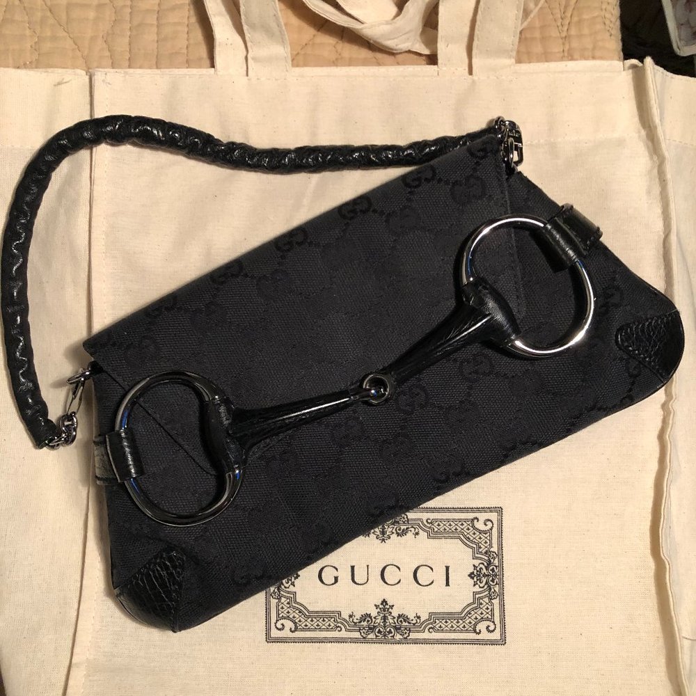 GUCCI Vintage Black Monogram Horse Bit Clutch